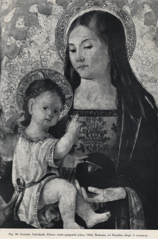 Anonimo — Sassari: Cattedrale. Pittore sardo-spagnuolo (circa 1500). Madonna col Bambino (dopo il restauro) — insieme, fronte